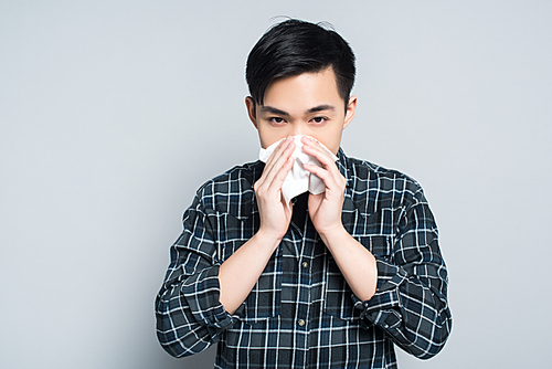 young asian man wiping nose with paper napkin while suffering from runny nose on grey background