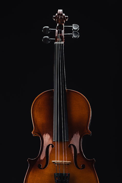 top view of classical wooden violoncello isolated on black