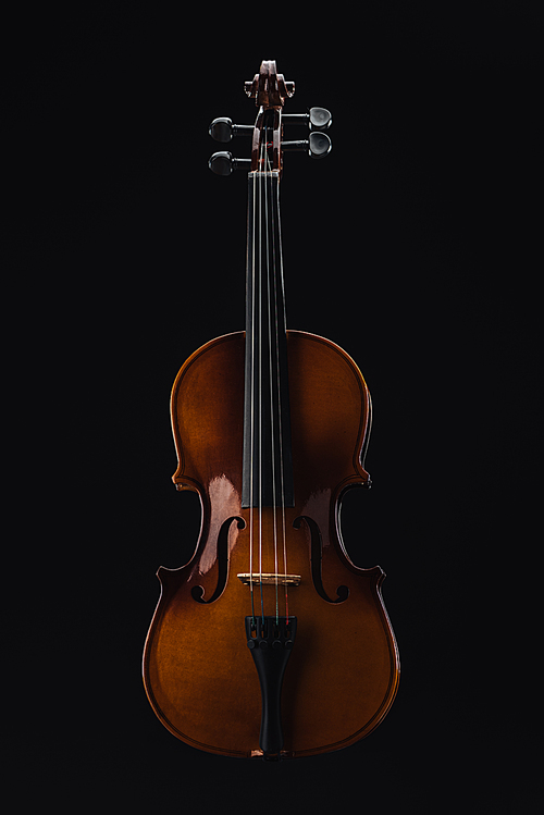 top view of classical wooden cello isolated on black