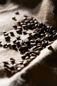Selective focus of roasted coffee grains on sackcloth texture
