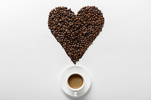 top view of delicious coffee in cup on saucer with heart made of coffee grains on white background