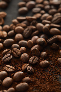 Aromatic fresh ground coffee mixed with coffee beans