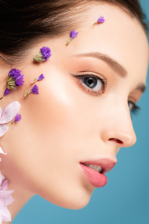 close up of attractive woman with flowers on face isolated on blue