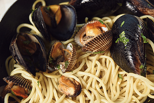 close up view of tasty Italian pasta with mollusks and mussels