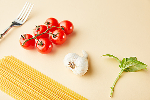raw spaghetti, garlic, tomatoes, basil and fork on yellow background