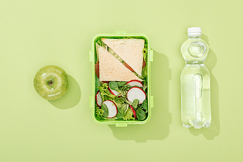 top view of lunch box with salad and sandwiches near bottle with water and green apple