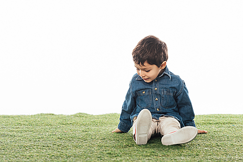 smiling and cute boy sitting on grass isolated on white