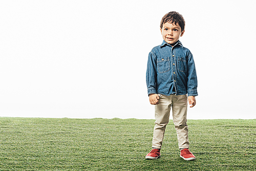 smiling and cute boy standing on grass isolated on white