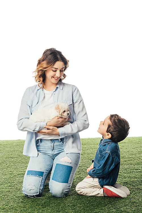 smiling mother holding Havanese puppy and son looking at her isolated on white