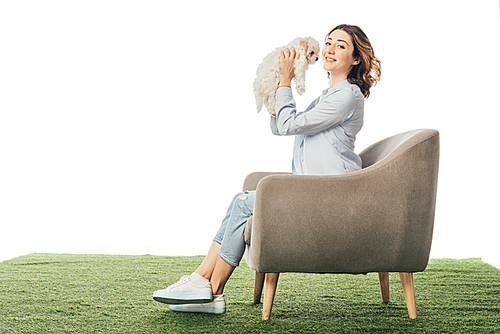 smiling woman holding Havanese puppy and sitting on armchair isolated on white