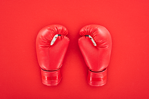 top view of pair of leather boxing gloves isolated on red