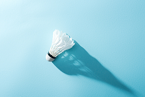 top view of white shuttlecock with feathers on blue