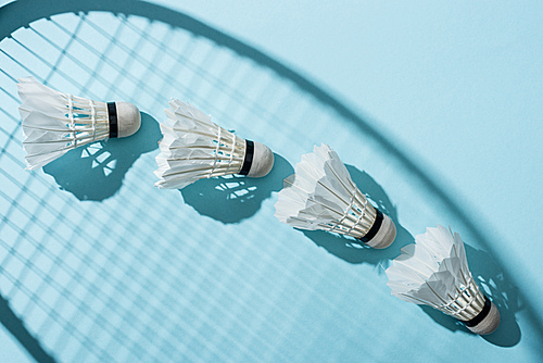 top view of shuttlecocks near shadow of badminton racket on blue