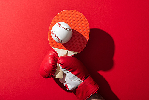 cropped view of woman in boxing glove holding tennis racket and baseball on red