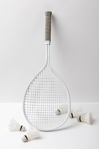 white badminton shuttlecocks scattered near racket on white background