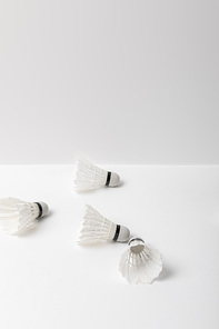 white badminton shuttlecocks scattered on white background with copy space