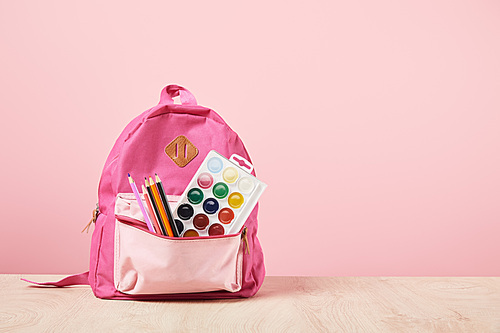 pink backpack with school supplies isolated on pink with copy space