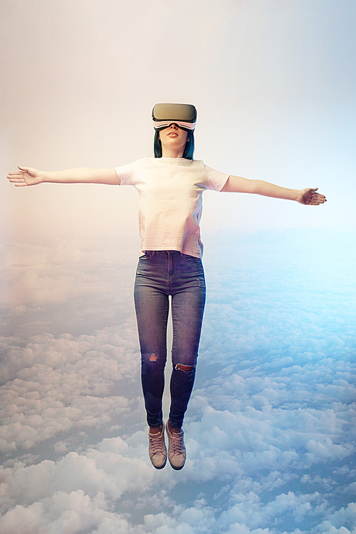 double exposure of brunette woman levitating with outstretched hands near  clouds in sky