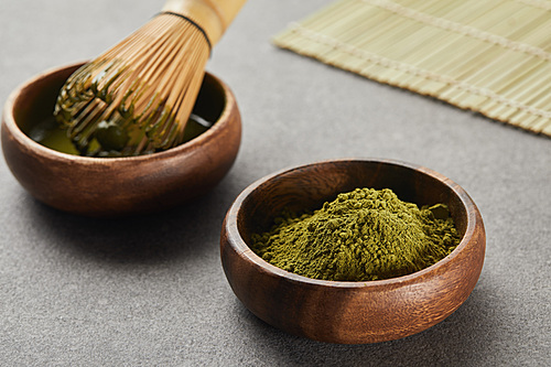 selective focus of green matcha powder and bamboo whisk in wooden bowl with tea