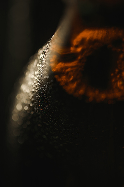 close up view of wet bottle of beer isolated on black