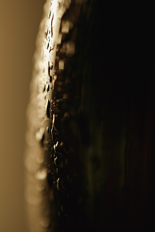 close up view of wet bottle of beer with drops