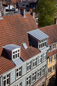 aerial view of building with windows on rooftop, green tree and houses in copenhagen, denmark
