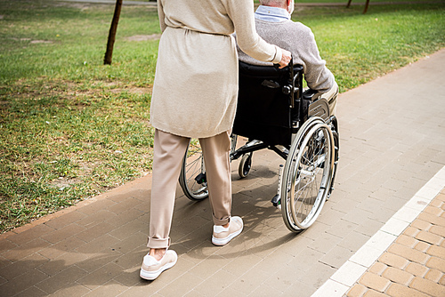 cropped view of senior woman carrying husband in wheelchair while walking in park