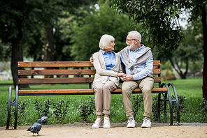 senior couple talking and smiling while sitting on wooden bench in park