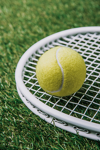 close up view of tennis ball on racket lying on green lawn