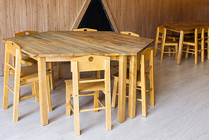 wooden tables and small chairs in kindergarten room