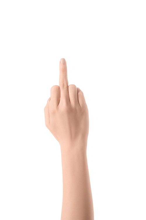 cropped view of woman showing middle finger isolated on white