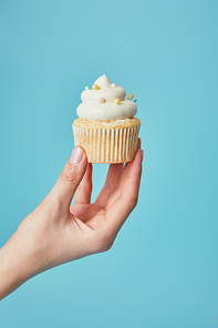 Partial view of woman holding tasty cupcake on blue background