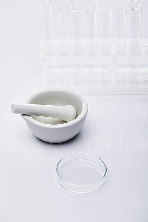 empty glass test tubes and mortar with pestle on white background background