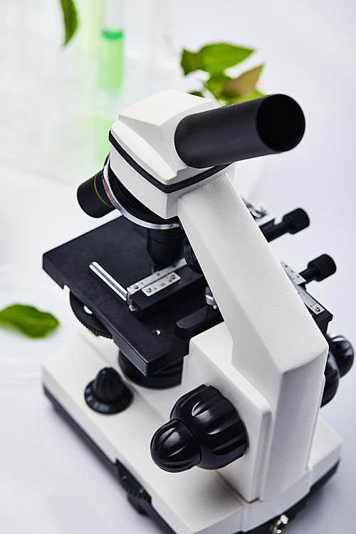 selective focus of microscope near glass test tubes with colorful liquid and leaves