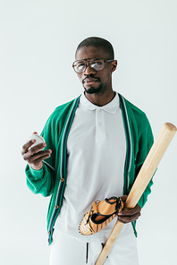 african american baseball player in retro eyeglasses, isolated on white