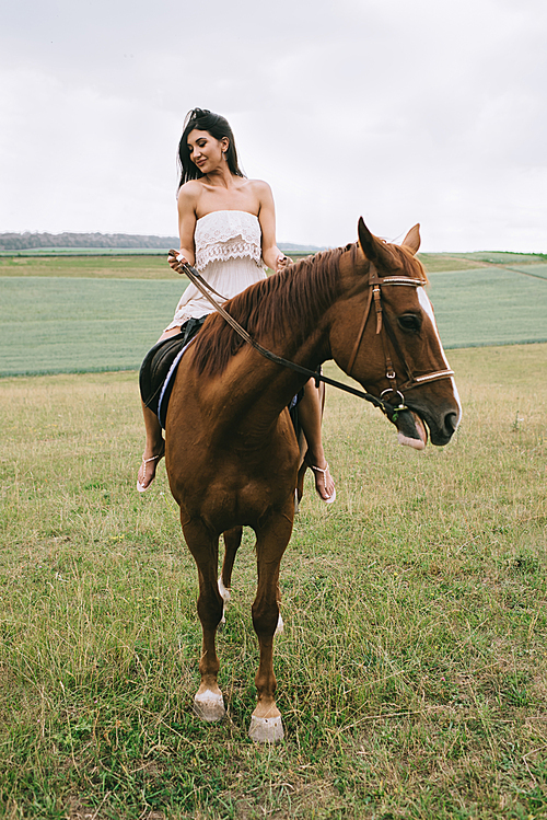 beautiful woman riding brown horse on field