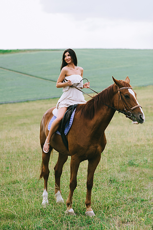 beautiful woman riding brown horse on field