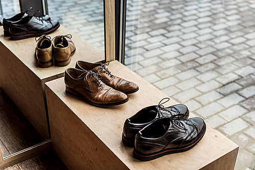modern brown and black male shoes at showcase in shop