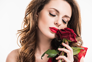 stylish sensual girl touching face with rose isolated on white, valentines day concept