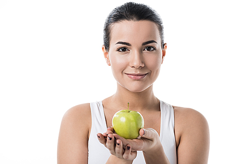 beautiful girl holding ripe apple and  isolated on white