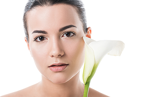 beautiful girl holding white calla flower and  isolated on white