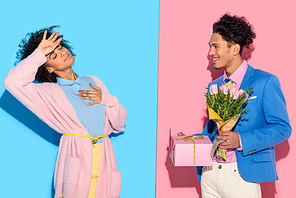 Arfican woman with hand on forehead while man presenting flowers on pink and blue background