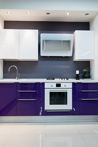 purple modern kitchen interior with baking oven