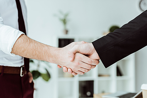 cropped view of businesspeople shaking hands in office