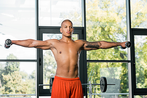 young muscular african american sportsman exercising with dumbbells at gym