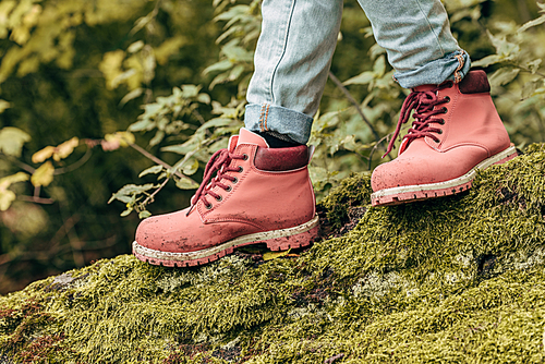 cropped shot of little child in pink autumn shoes walking on mossy log