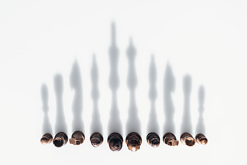 top view of chess figures in row with shadows on white background