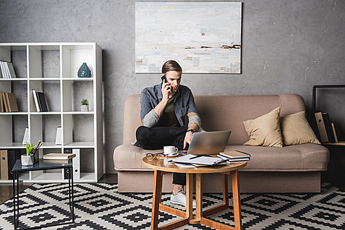 young handsome man working with laptop on couch and talking by phone