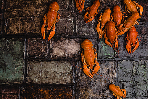 top view of delicious lobsters on brick wall surface