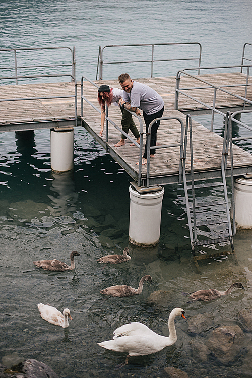 happy young couple standing on wooden bridge and feeding swans in Bern, Switzerland